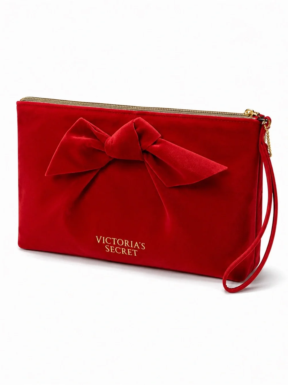Victoria’s Secret Red Velvet Bow Wristlet Clutch Cosmetic Bag Gold Logo